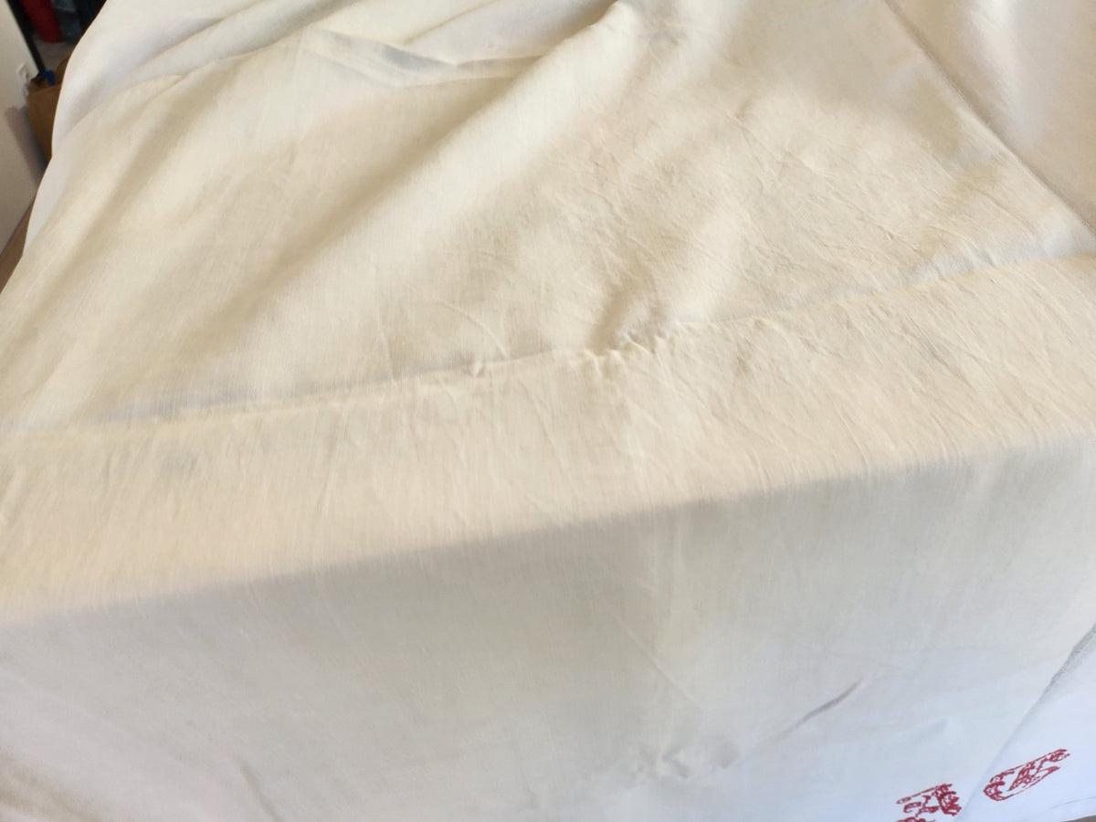 Ancien grand drap toile monogramme point de croix rouge original toile B6