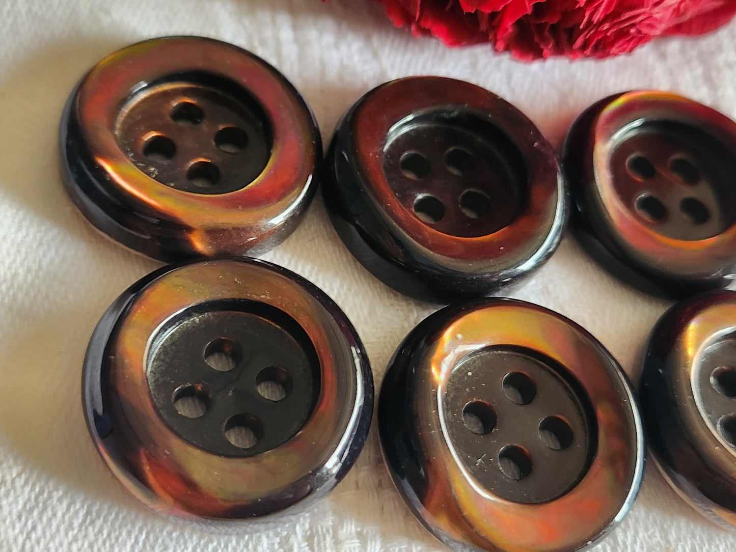 Lot  6 boutons anciens en nacre marron épais bord 2,5 cm lourd ref  5943