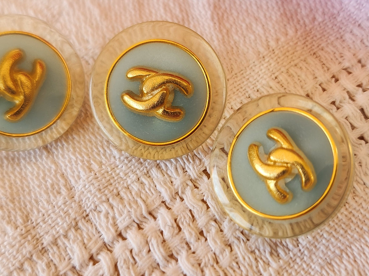 Trio  boutons vintage bleu doré siglé pied 1,7 cm 17 mm D17M