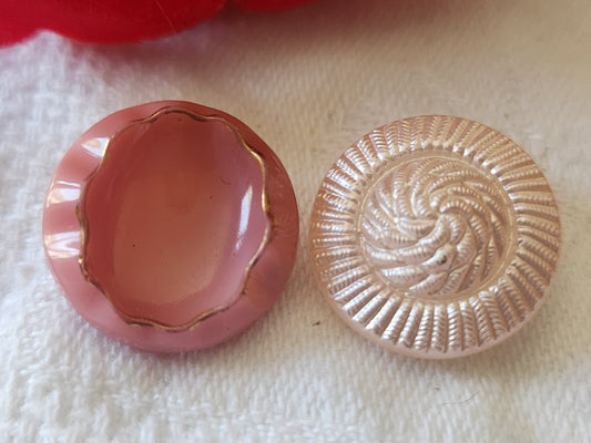 Duo boutons anciens en verre vintage rose  1,7 cm G13L