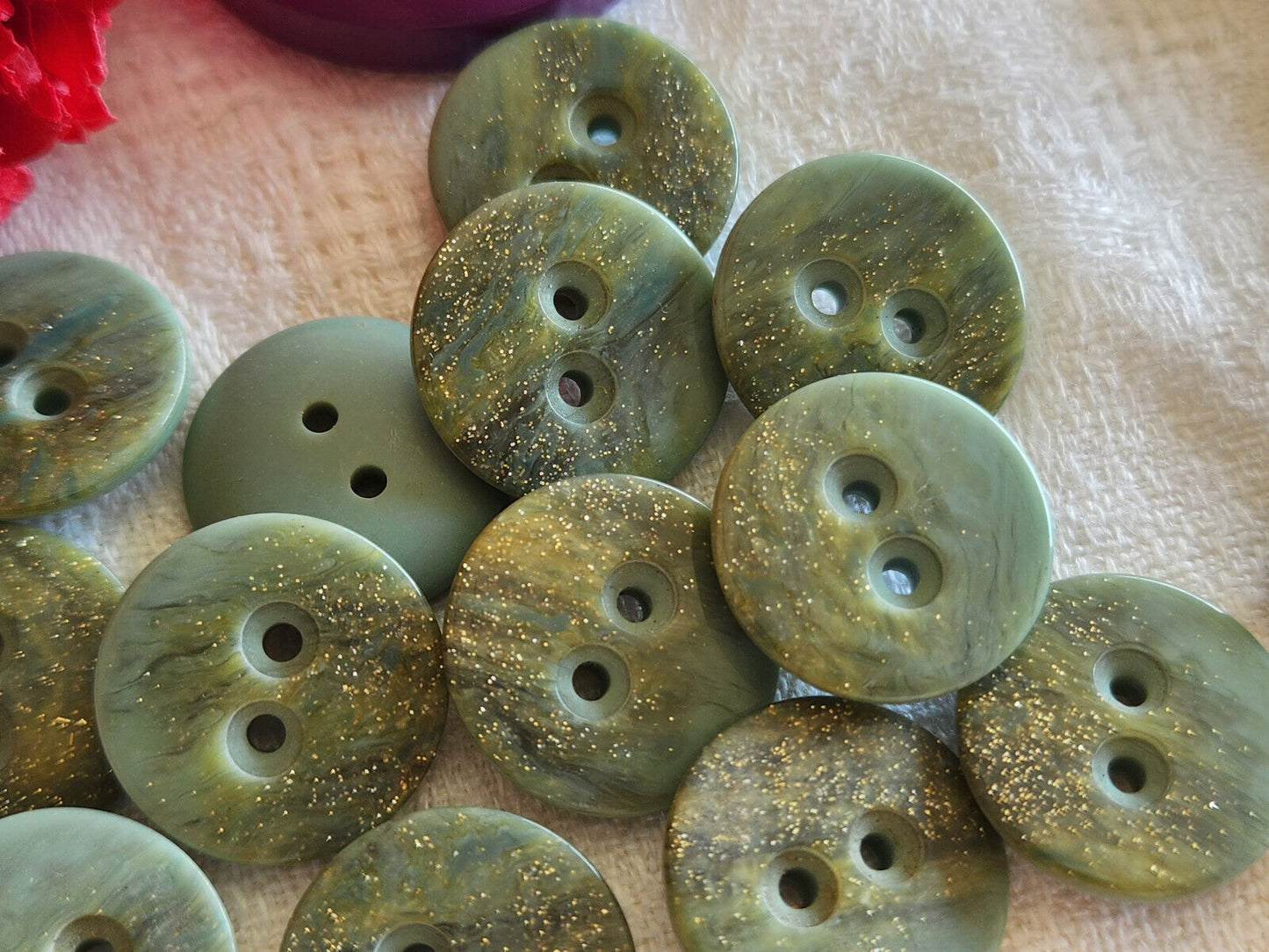 Lot 22 ou 14 boutons vintage vert gris paillette doré 1,5 cm ou 1,8 cm