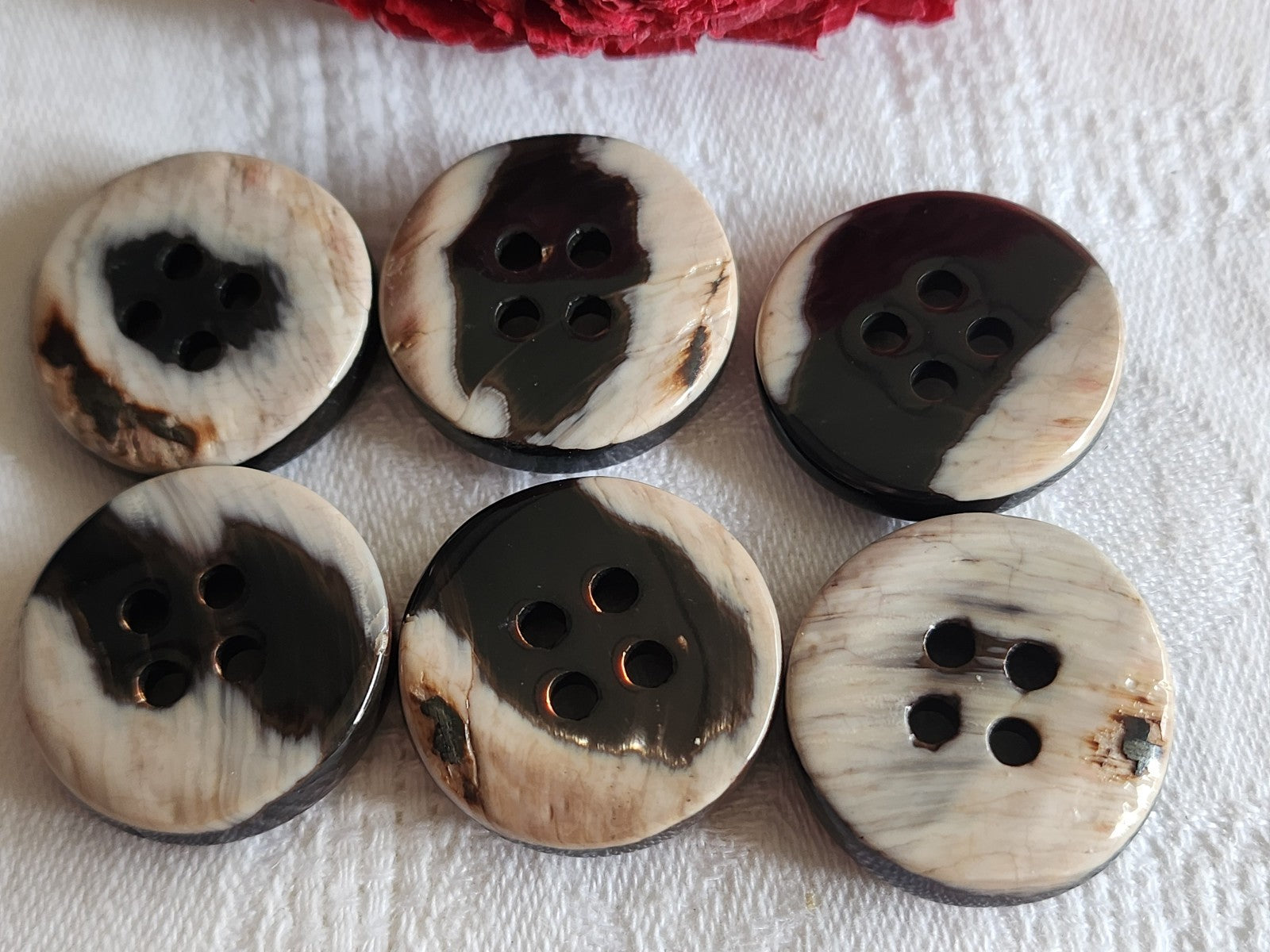 Lot  6 boutons anciens en nacre marron épais bord 2,5 cm lourd ref  5943