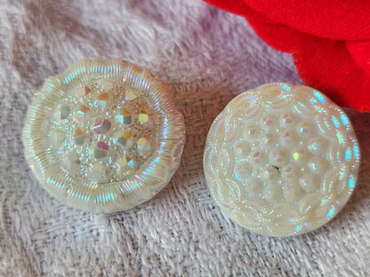 Duo boutons anciens en verre vintage blanc vert 1,7 cm G18G