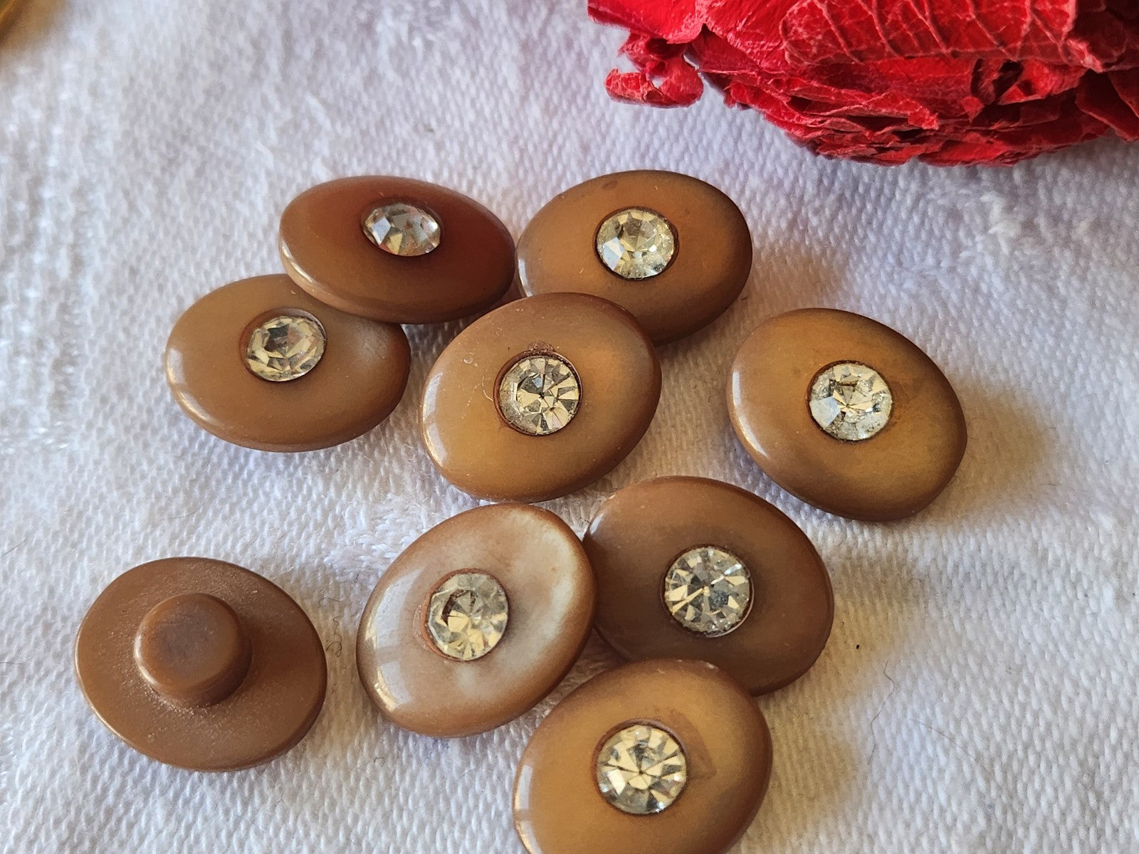 Lot 9  boutons vintage ovale marron strass verre pied 1,4 cm sur 1,1 ref 5221