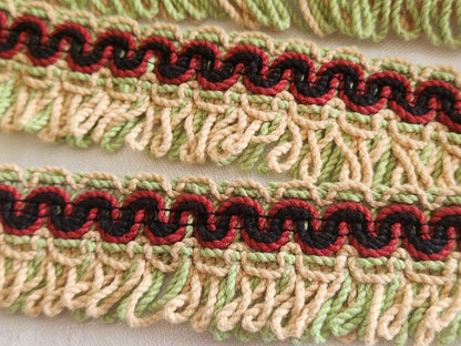 Galon vintage lourd franges vert rouge noir 13 m 50 sur 3,1 cm A5