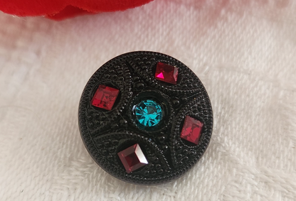 Bouton vintage en verre noir avec strass verre rouge vert 18 mm ou   1,8 cm G19A