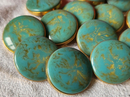 Lot 6 boutons vintage  métal bleu turquoise paillette doré 2,2 cm pied  ref 5923