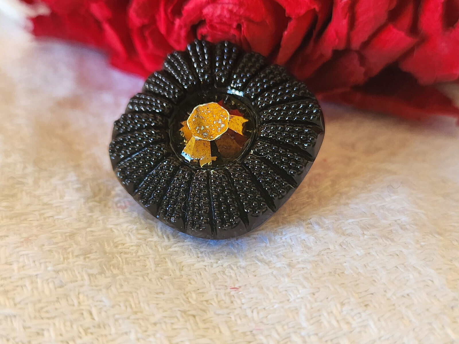 Bouton ancien en verre noir avec strass effet bronze vintage 2 cm D7A