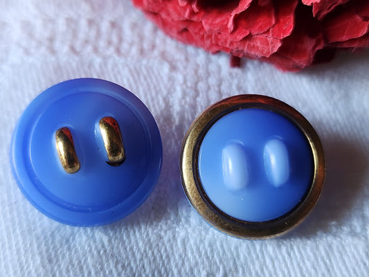 Duo boutons  en verre bleu ombragé  doré 1,7 cm vintage D7O