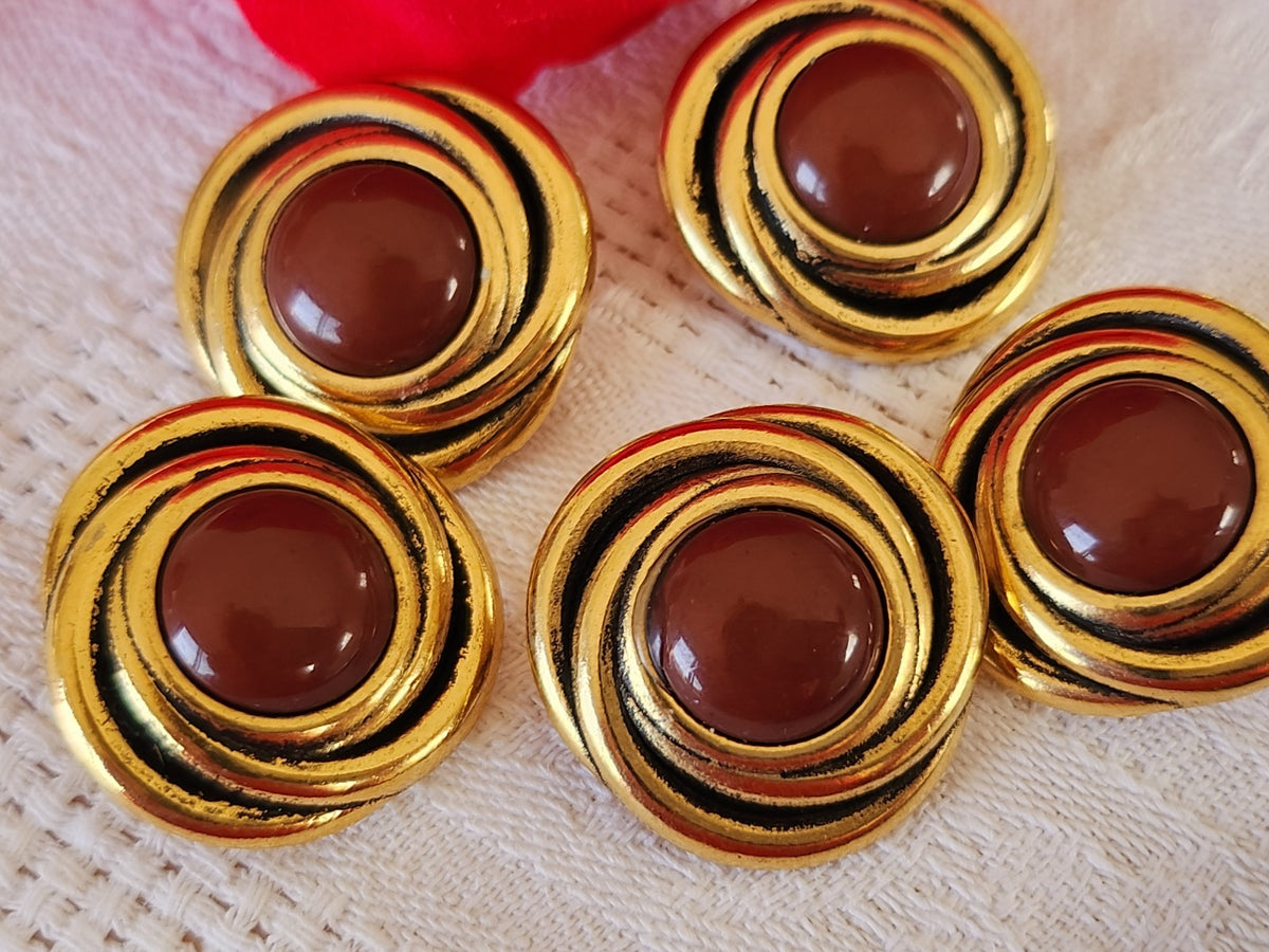 Lot 5 gros boutons vintage  métal doré marron lourd 2,4 cm 24 mm ref 0014