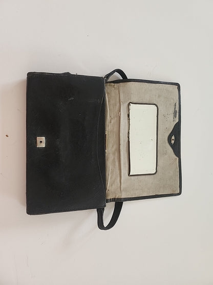 Ancien sac en main noir marron en cuir motif retro vintage pochette