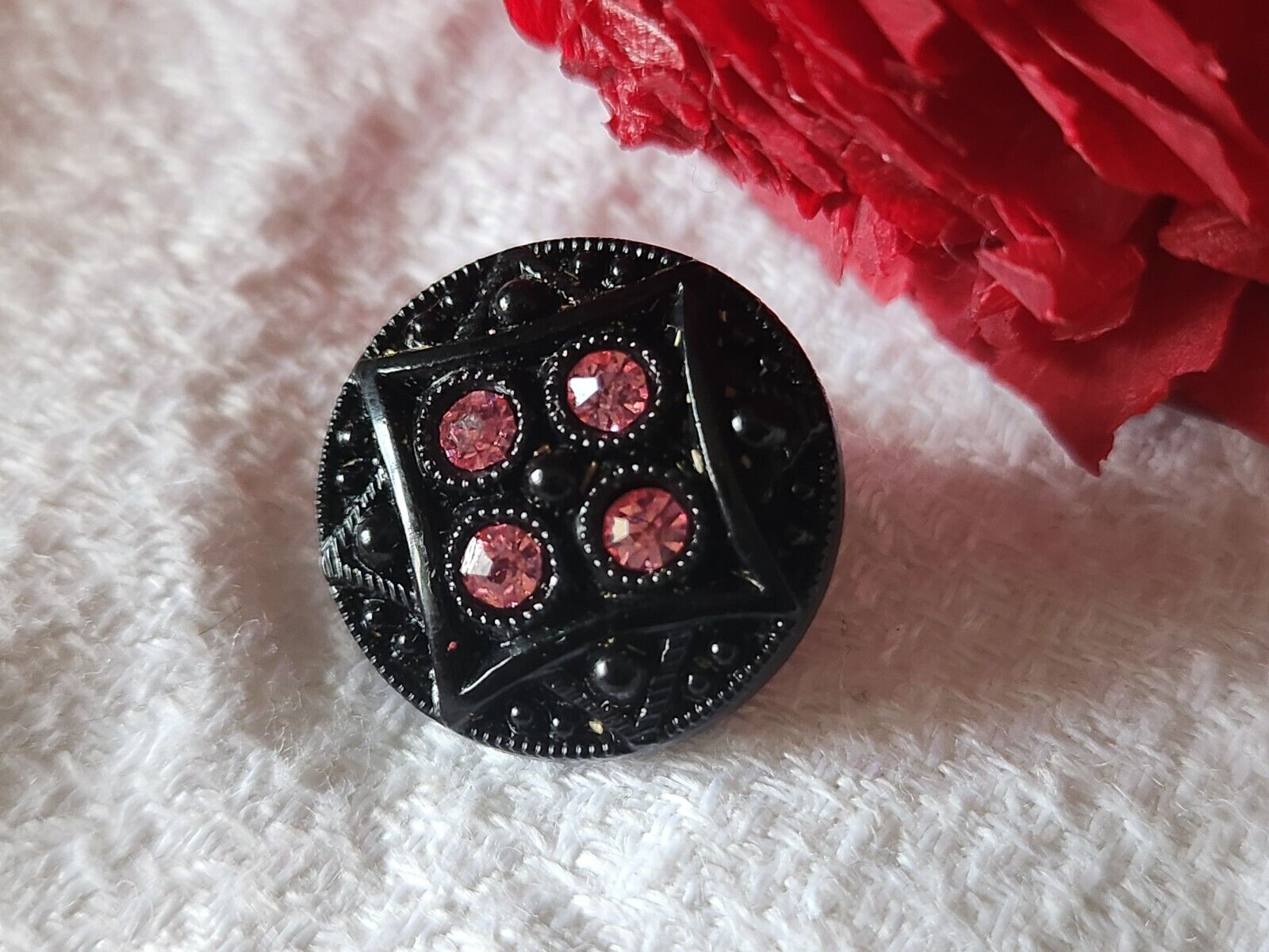 Bouton ancien en verre noir avec strass  vintage rose  1,7 cm G5G