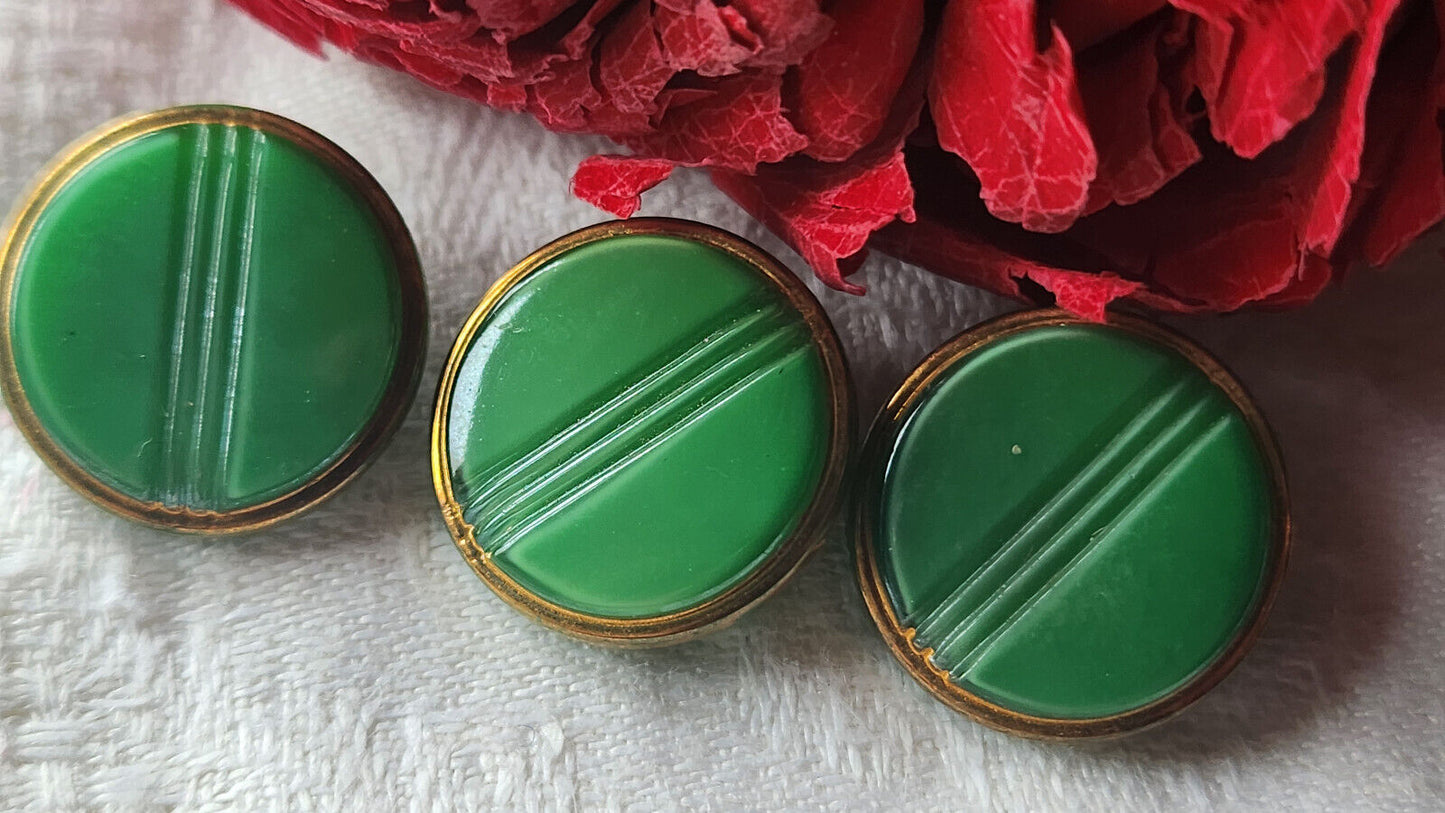 Trio anciens boutons en verre  doré vert travaillé à pied  1,7 cm D9G