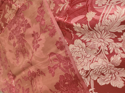 Ancien coupon de tissu damassé rose fleur pivoine broché 126 cm sur 90 cm B4