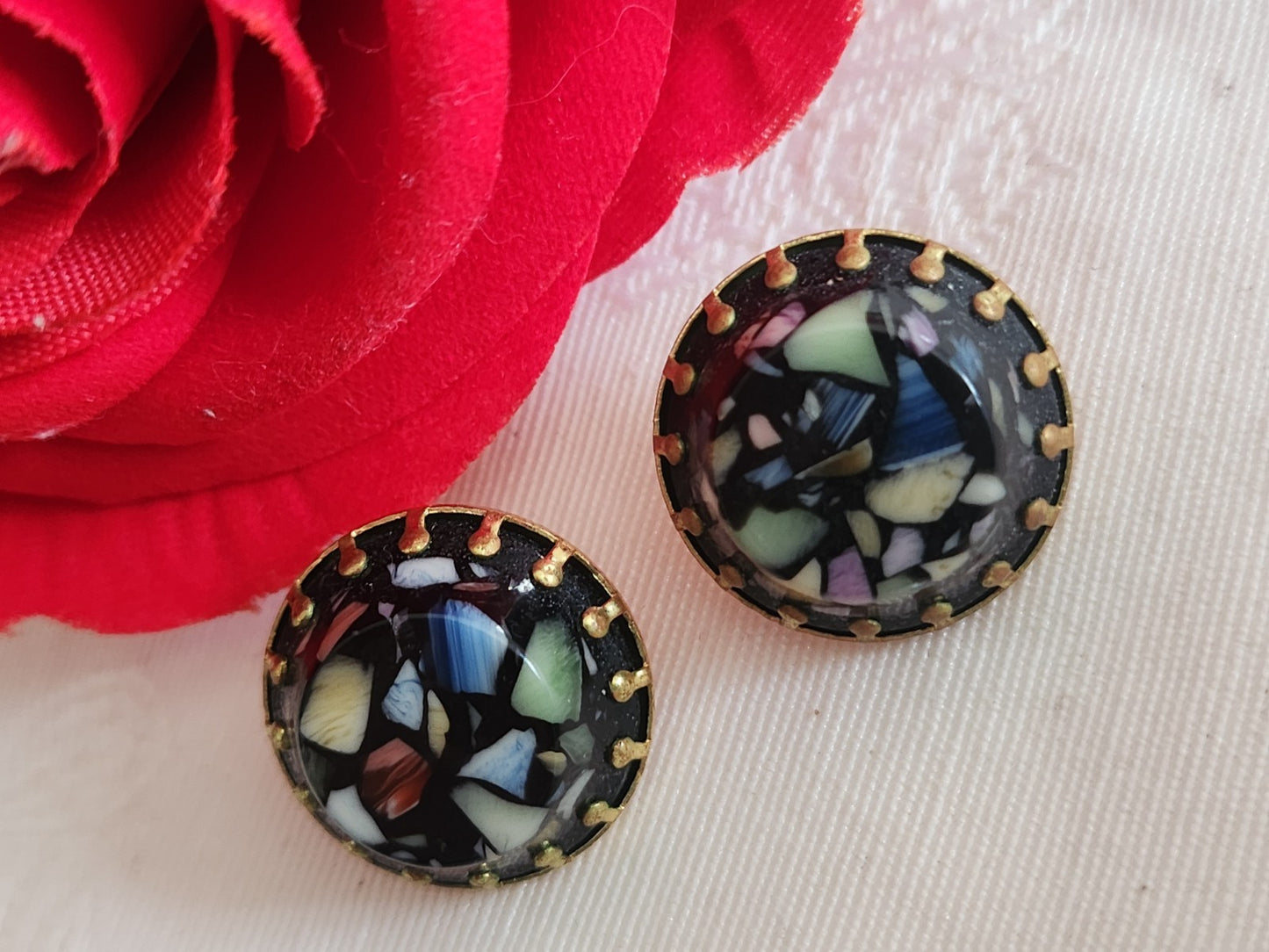 Collection duo boutons anciens effet mosaïque  métal 1,8 cm multicolore  G12D