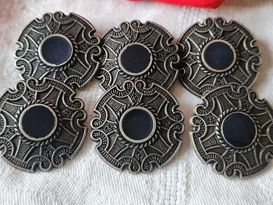 Lot 6 gros boutons vintage en métal argenté bleu  3 cm pied ref 5536
