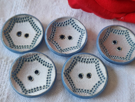 Lot 5  boutons anciens  vintage recouvert de tissu  2,7 cm bleu ref 2642