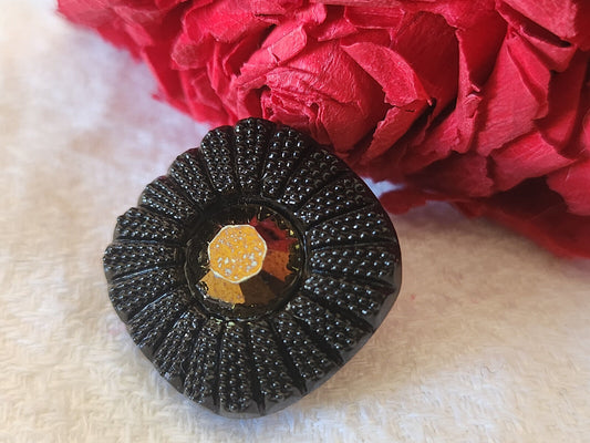 Bouton ancien en verre noir avec strass effet bronze vintage 2 cm D7A