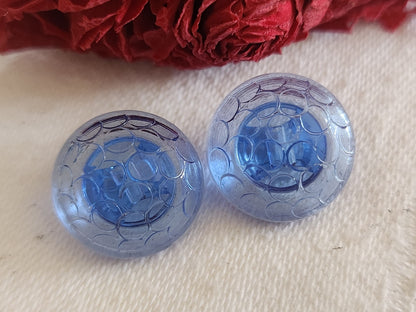 Duo boutons vintage en verre  bleu alveole bombé 1,6 cm G7A