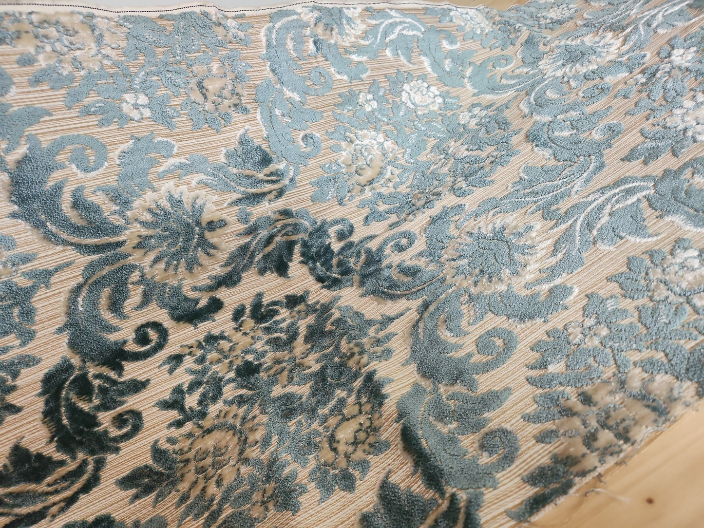 Ancien coupon de tissu tapisserie bleu écru fauteuil 133 sur 50 cm B4