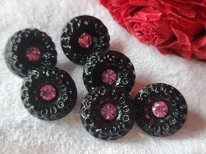 Lot 6 boutons anciens en verre noir strass rose 1,4 cm ref 1833