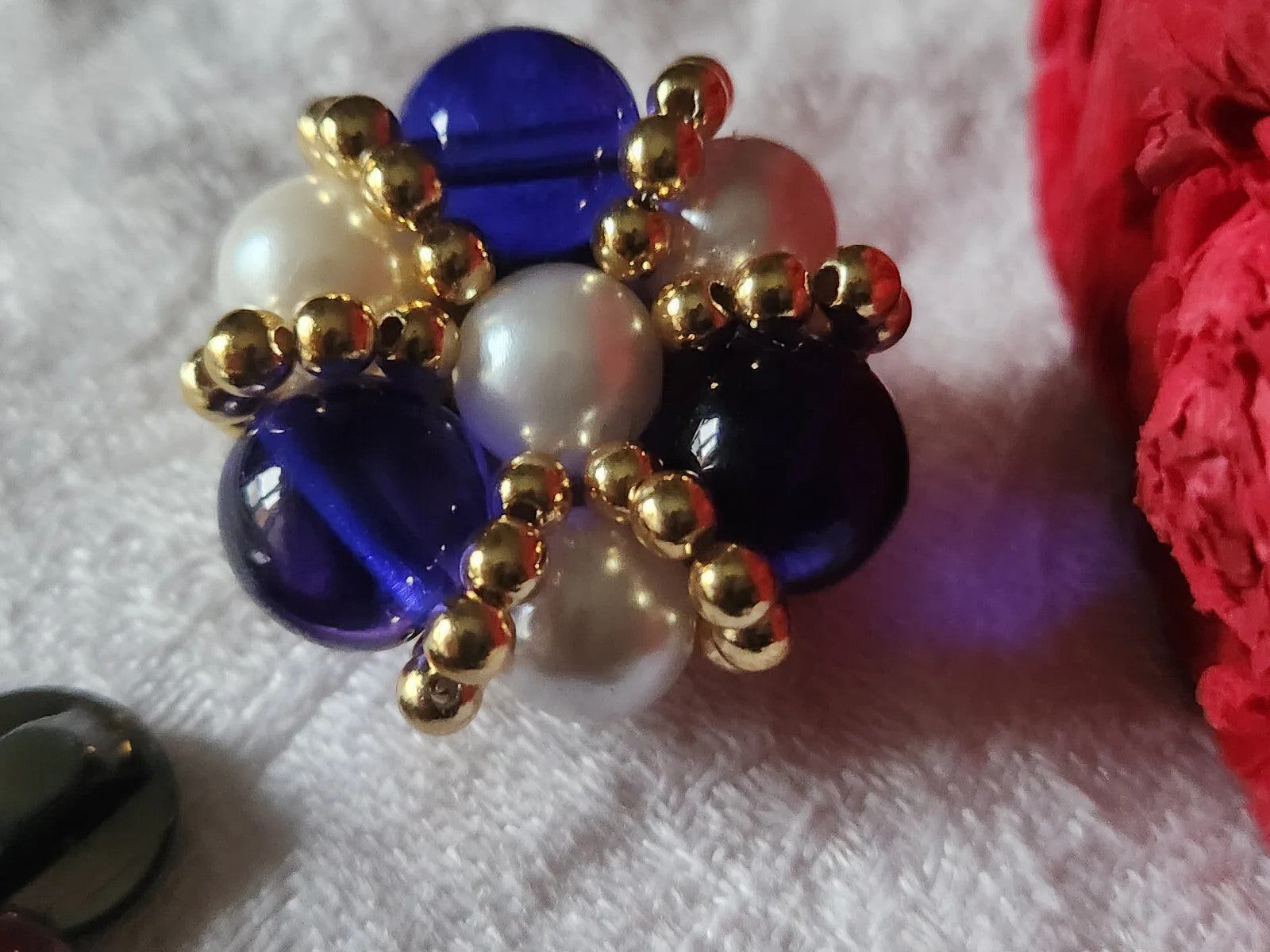 Bouton vintage métal torsade perle en verre parurier bleu 2,7 cm ref 5187