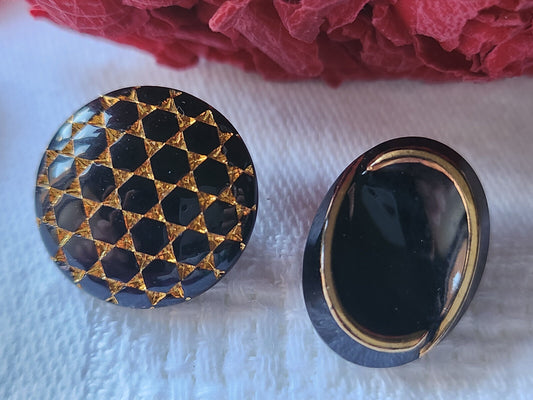 Duo boutons anciens en verre oré noir  pied 1,7/ 1,8  cm D12A