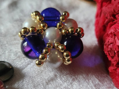 Bouton vintage métal torsade perle en verre parurier bleu 2,7 cm ref 5187