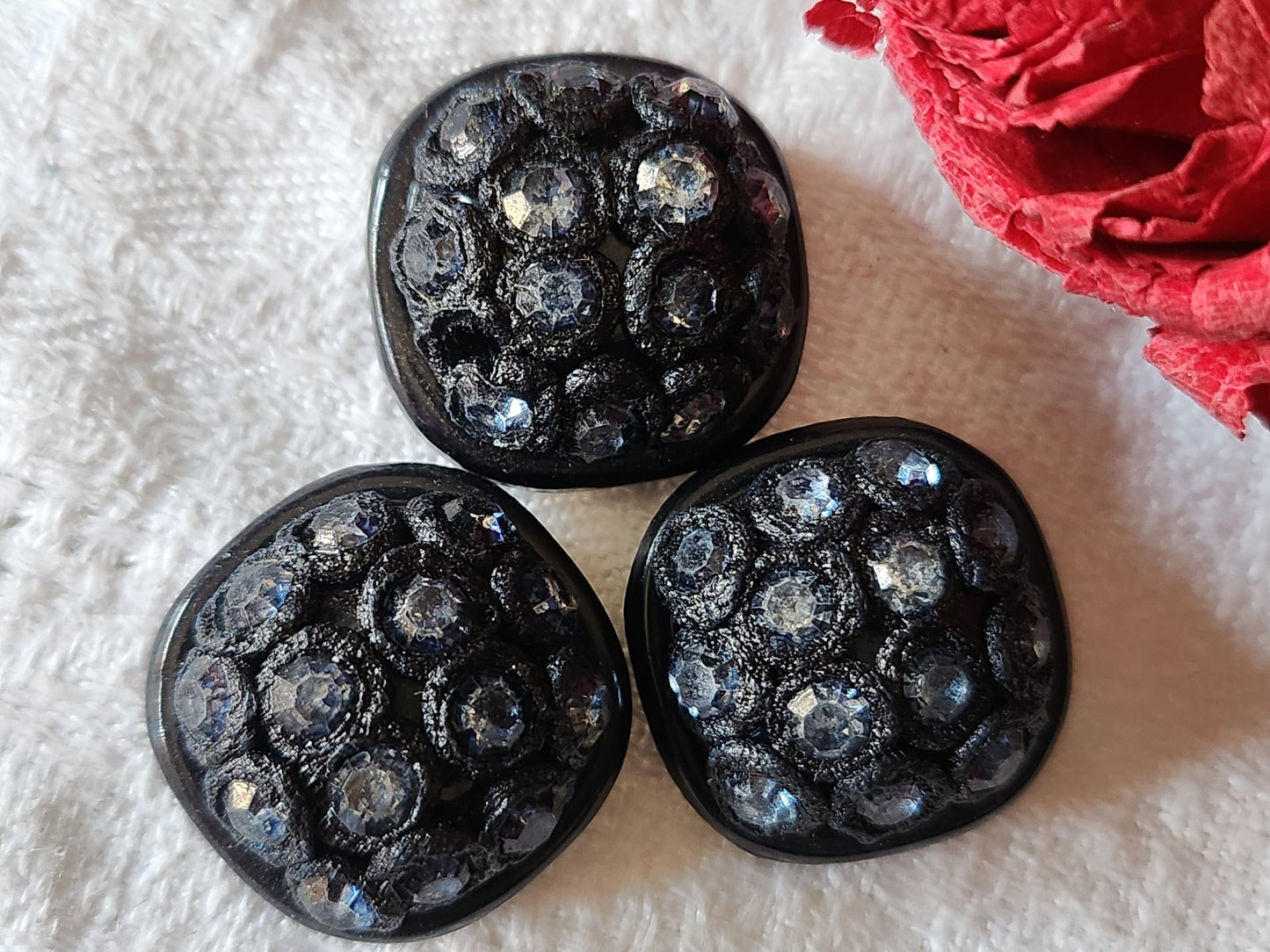 Trio boutons vintage strass resine parurier 2 cm bleu pied G15G