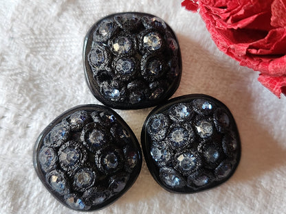 Trio boutons vintage strass resine parurier 2 cm bleu pied G15G