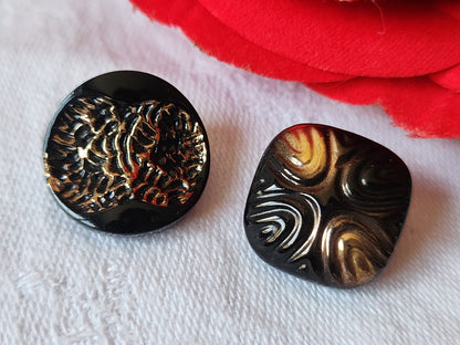 Duo boutons anciens en verre vintage noir doré 1,6 et  1,7 cm G17L