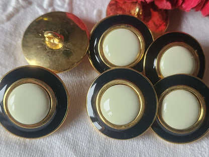Lot 6 gros boutons vintage en metal émaillé creme noir 2,7 cm lourd ref 1348