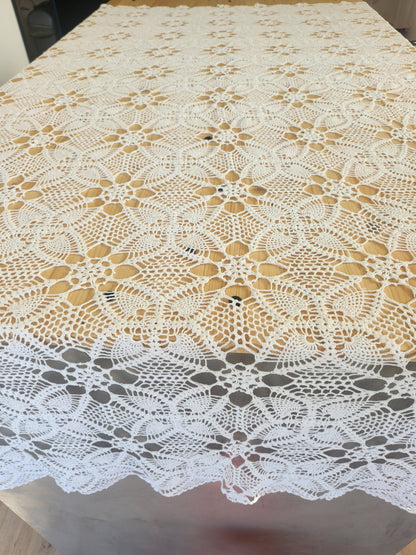 Ancienne nappe crochet blanc dessus de lit rideau 220 sur 145 cm B7