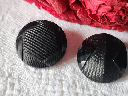 Duo boutons anciens en verre noir à pied 1,8 cm G13B