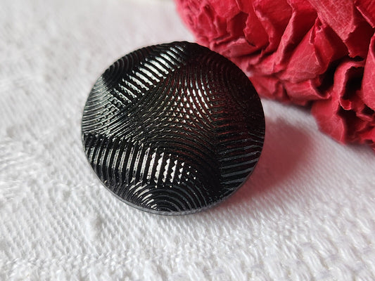 Bouton ancien en verre strié noir et argenté 2,2 cm pied ref 1524