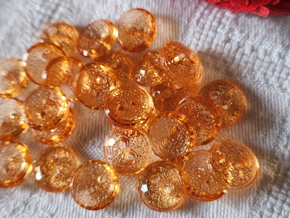 Lot 26 boutons vintage transparent orange plastique trous petits 1,1 cm ref 3136