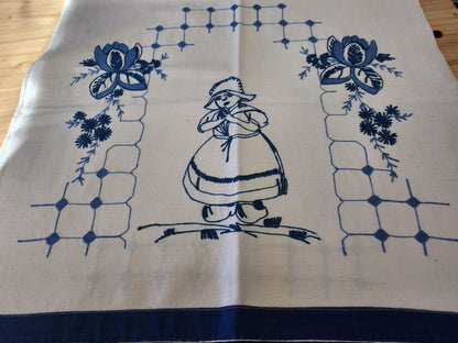 Ancien cache torchon broderie jeune fille priant superbe B8