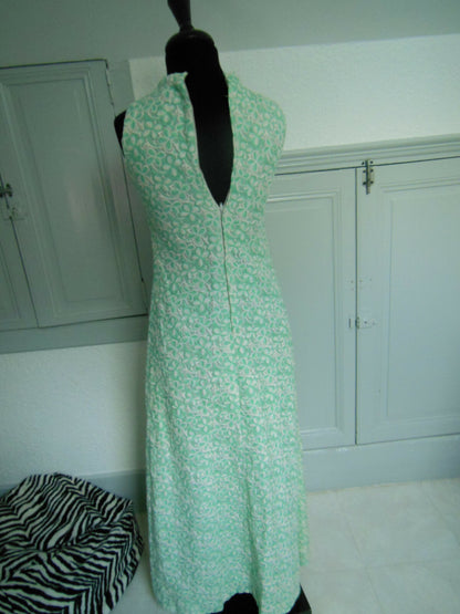 Pur vintage robe longue année 60 style mousseline motif vert T36 Ref PORT