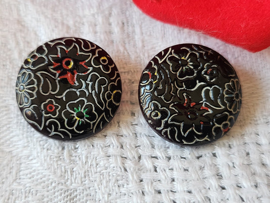 Duo boutons anciens en verre noir peint  1,8  cm D18A