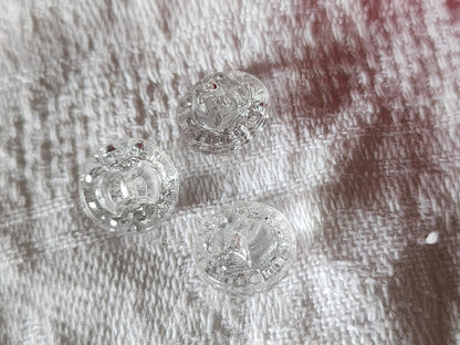 Trio boutons anciens en verre argenté transparent 1,1 cm pied G3D