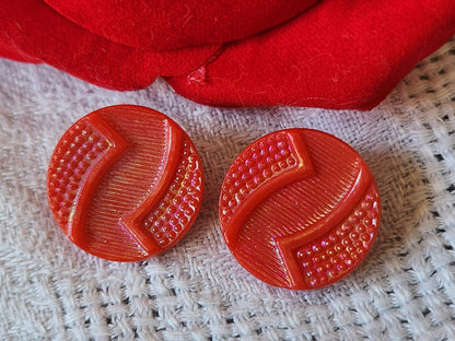 Duo  boutons anciens en verre rouge mordoré irisé 1,8 cm D18C
