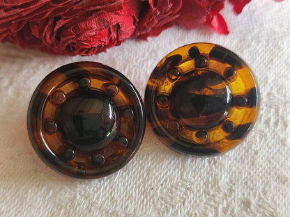Duo gros boutons vintage en verre  marron effet écaille 2,2 cm G8R