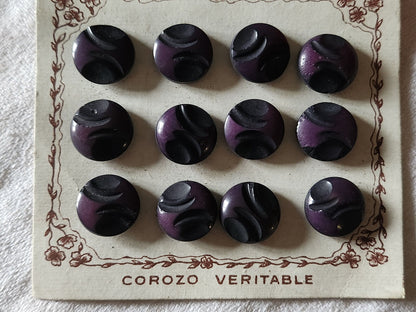 Lot  24 boutons anciens en corozo violet travaillé  plaque pied  1,4 cm n°34