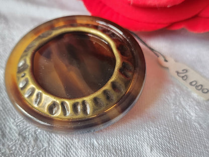 Enorme bouton vintage style ecaille marron jaspé lourd épais pied 43 mm ref 2029