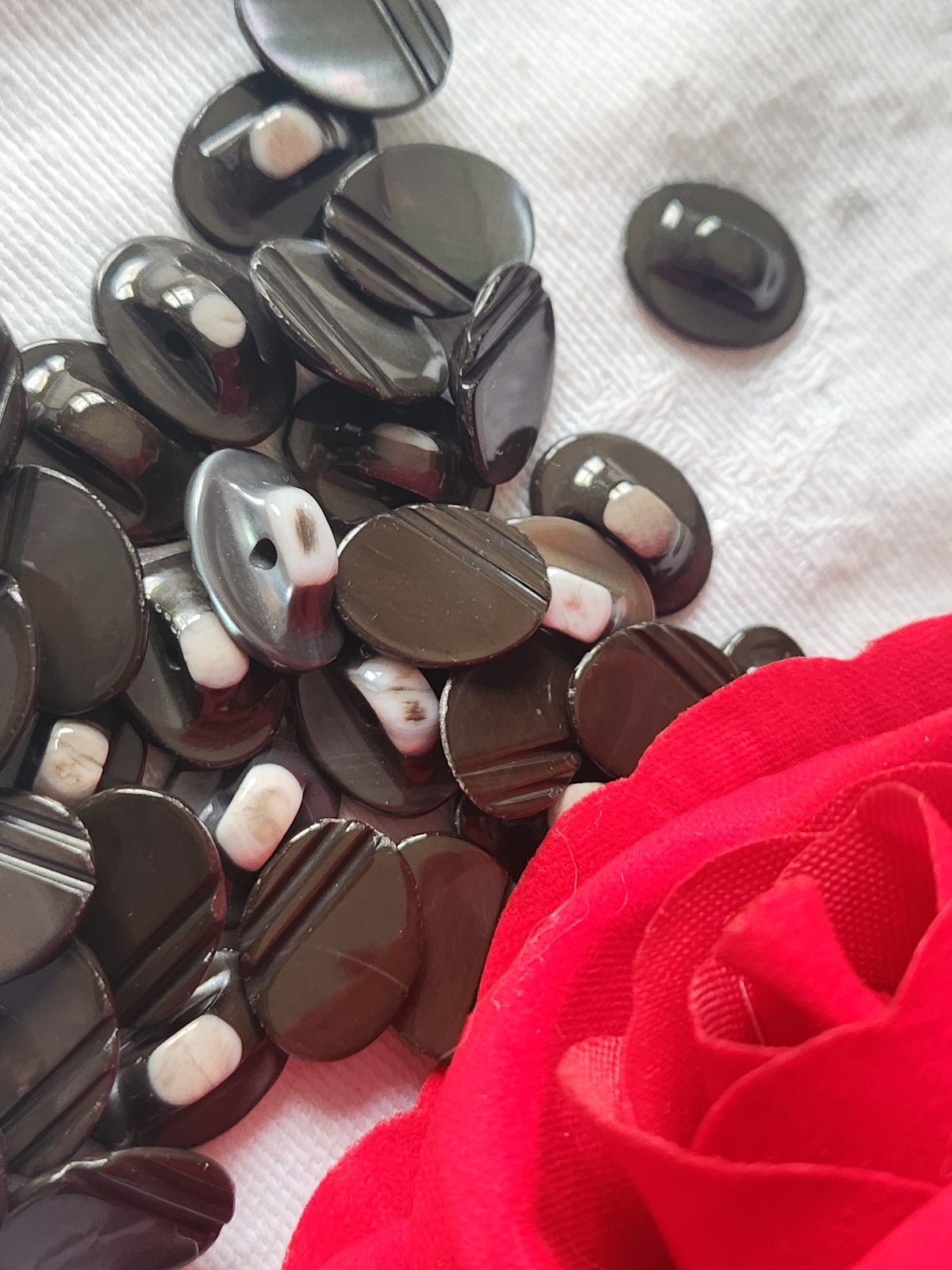 Lot 6 boutons anciens en nacre strié 1,1 sur 1,4 cm gris ovale vintage ref 4853