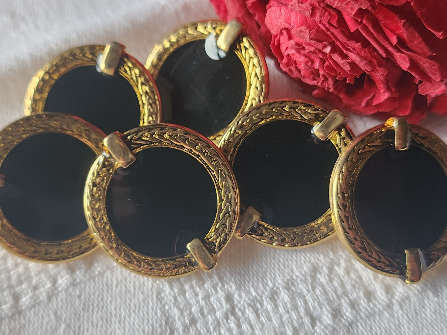Lot 6 gros boutons vintage en metal émaillé noir 2,7 cm lourd ref 4776