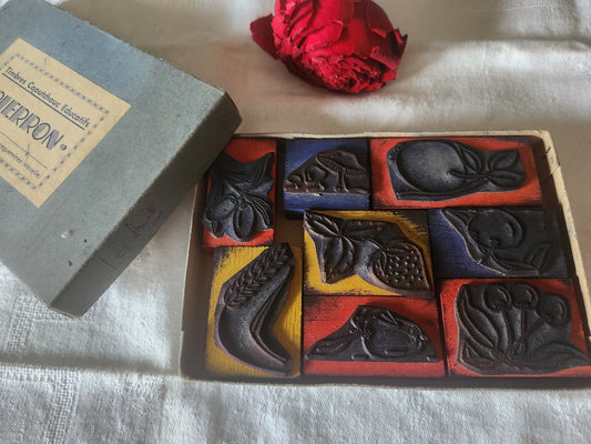 Lot 8 tampons vintage ecole collection boite fruit champignon blé