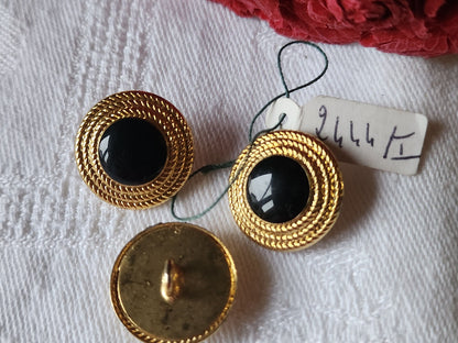 Trio boutons vintage en métal  doré noir pied etiquette 1,7 cm G16H