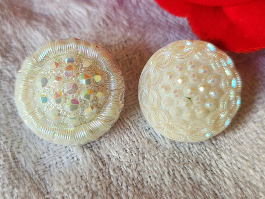 Duo boutons anciens en verre vintage blanc vert 1,7 cm G18G