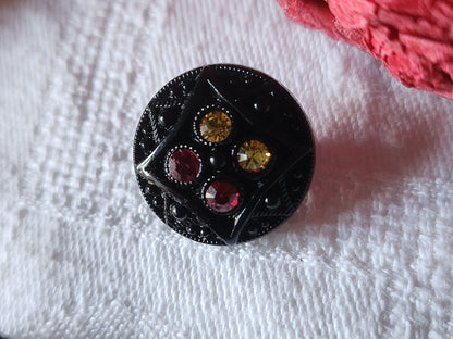 Bouton ancien en verre noir avec strass  vintage rouge jaune   1,7 cm D6E